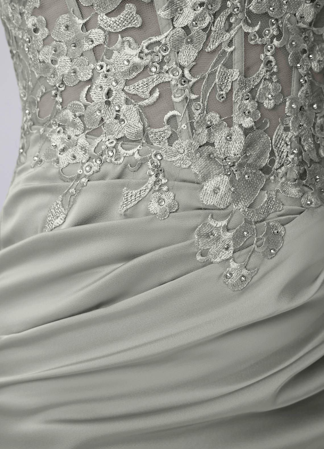 Persephonella Mini Corset Ruched Satin Lace Prom Dress in Silver