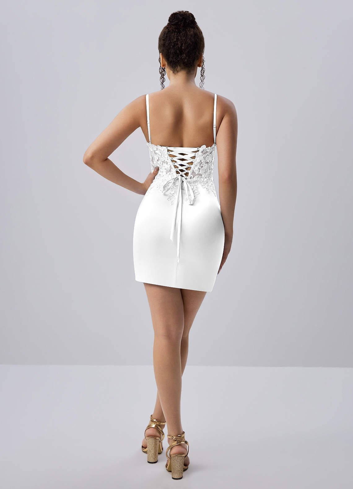Persephonella Mini Corset Ruched Satin Lace Prom Dress in white
