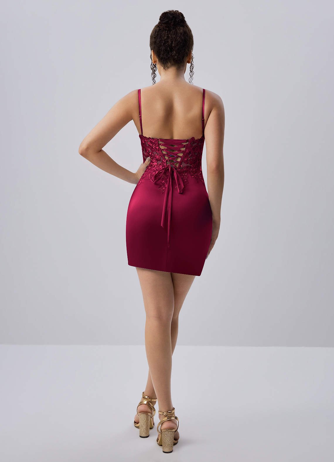 Persephonella Mini Corset Ruched Satin Lace Prom Dress in Burgundy