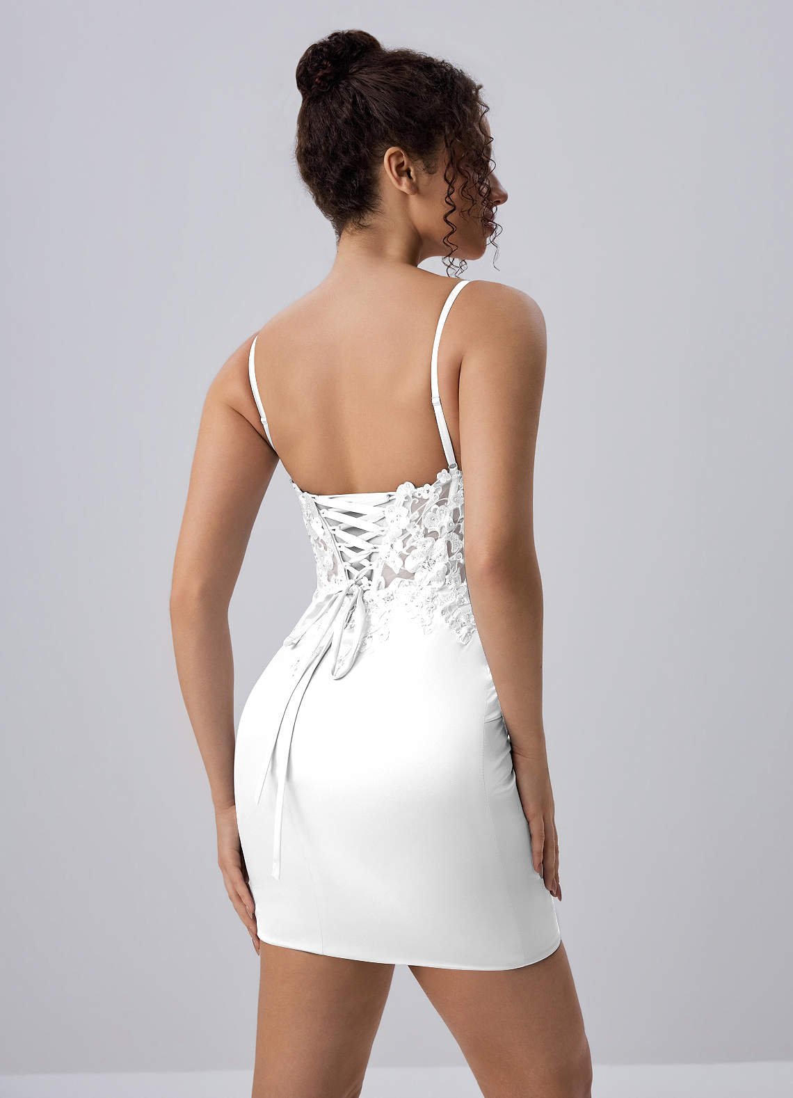 Persephonella Mini Corset Ruched Satin Lace Prom Dress in white