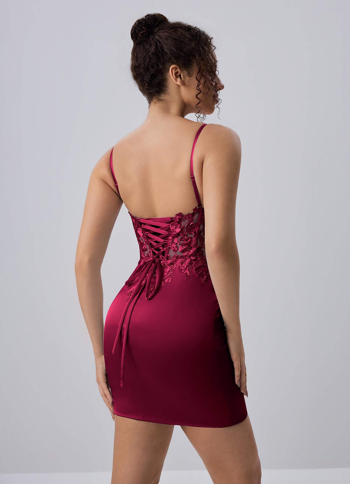 Persephonella Mini Corset Ruched Satin Lace Prom Dress in Burgundy