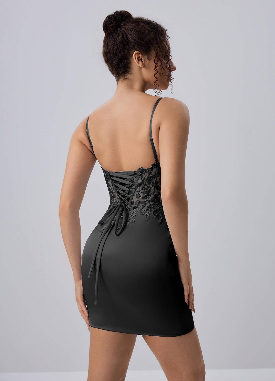 Persephonella Mini Corset Ruched Satin Lace Prom Dress in black