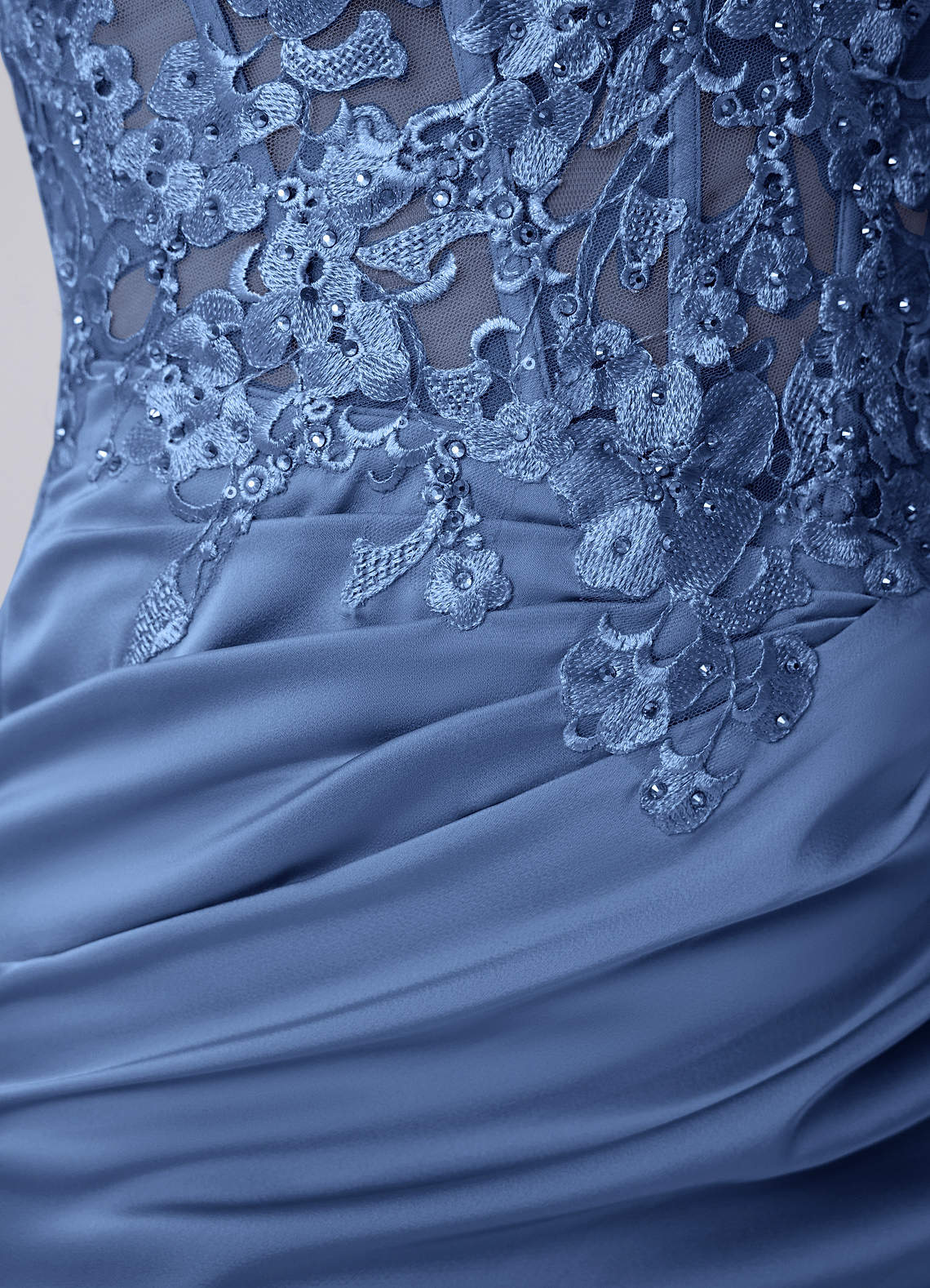Persephonella Mini Corset Ruched Satin Lace Prom Dress in Steel Blue