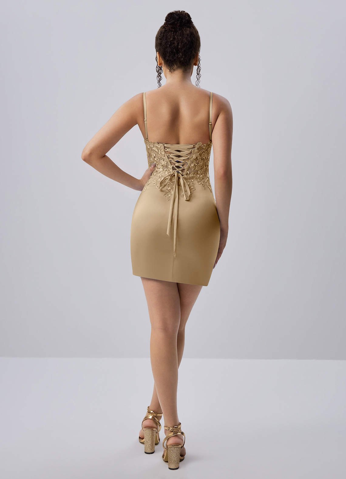 Persephonella Mini Corset Ruched Satin Lace Prom Dress in champagne