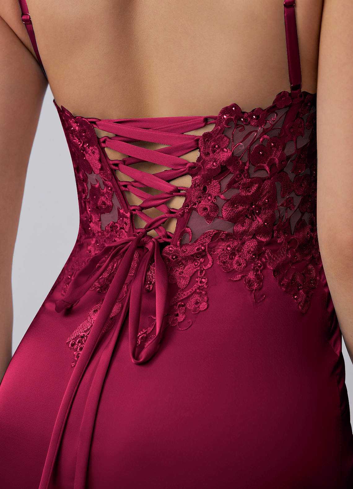 Persephonella Mini Corset Ruched Satin Lace Prom Dress in Burgundy
