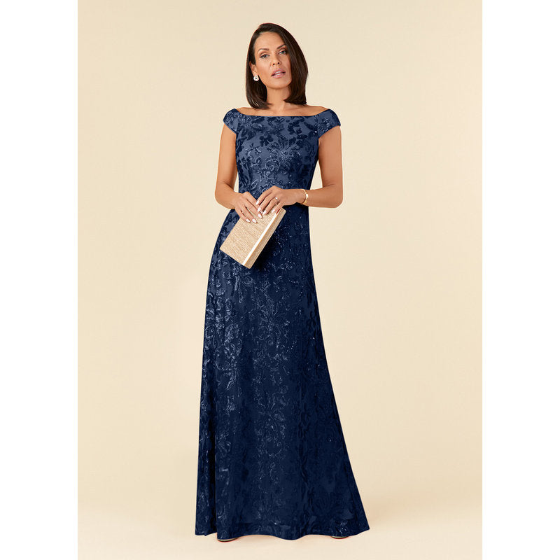 Porcelain A-Line Off-the-Shoulder Lace Mother of the Bride Dress in Dark Navy - photo 3