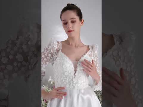 Adrienne A-Line Queen Anne Lace Satin with Court Train Wedding Dress