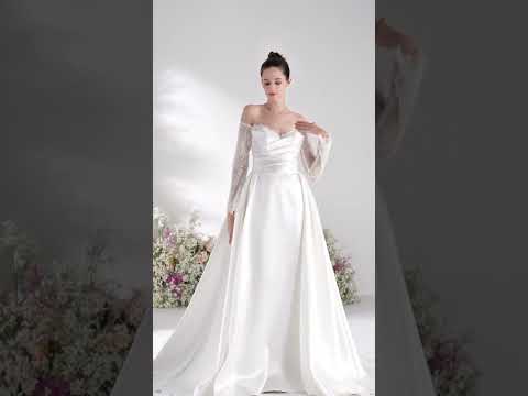 Elarose A-Line Sweetheart Long Sleeve Satin with Court Train Wedding Dress