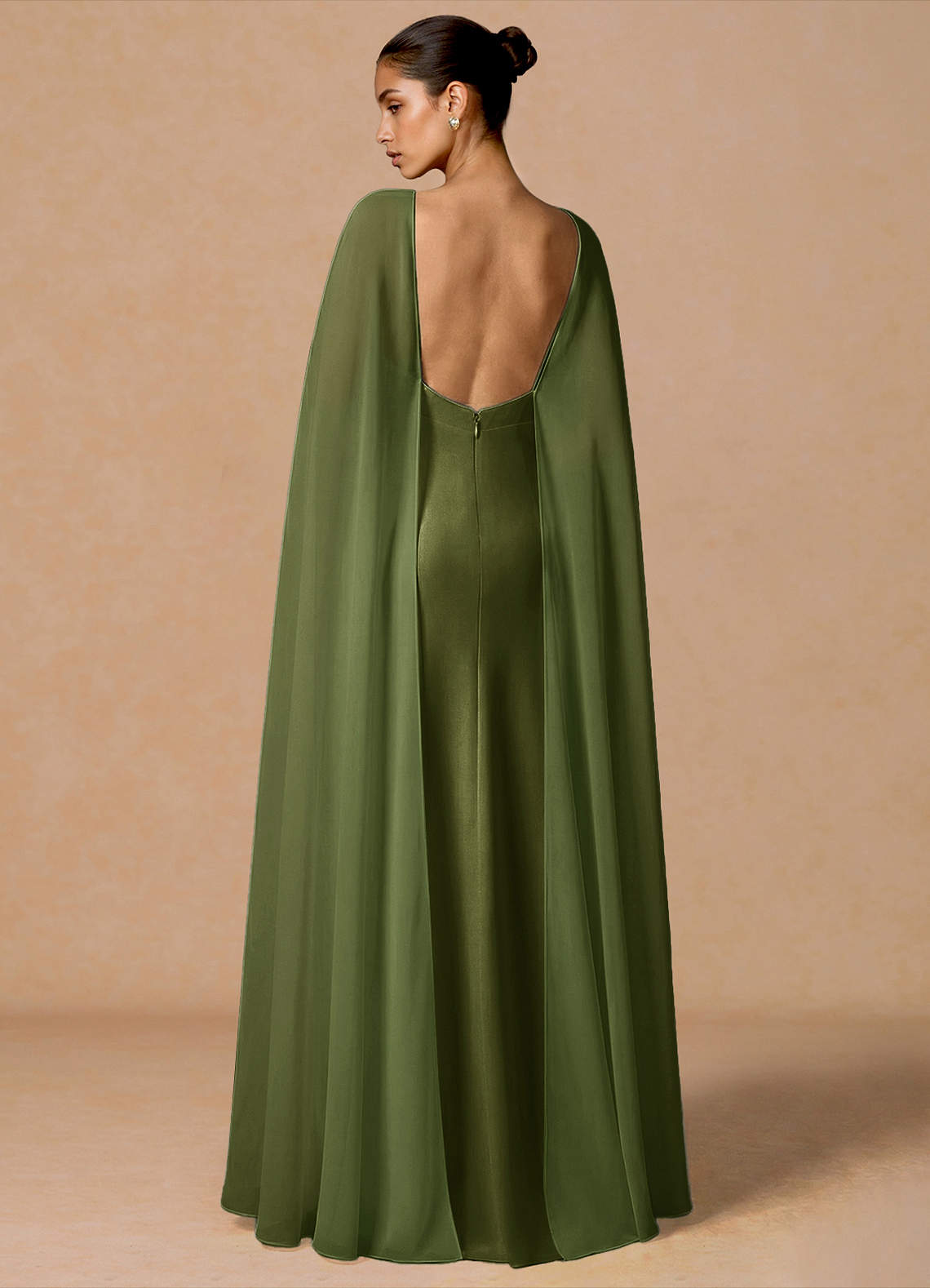 Primrose Mermaid V-Neck Stretch Satin and Chiffon Evening Dress in Olive