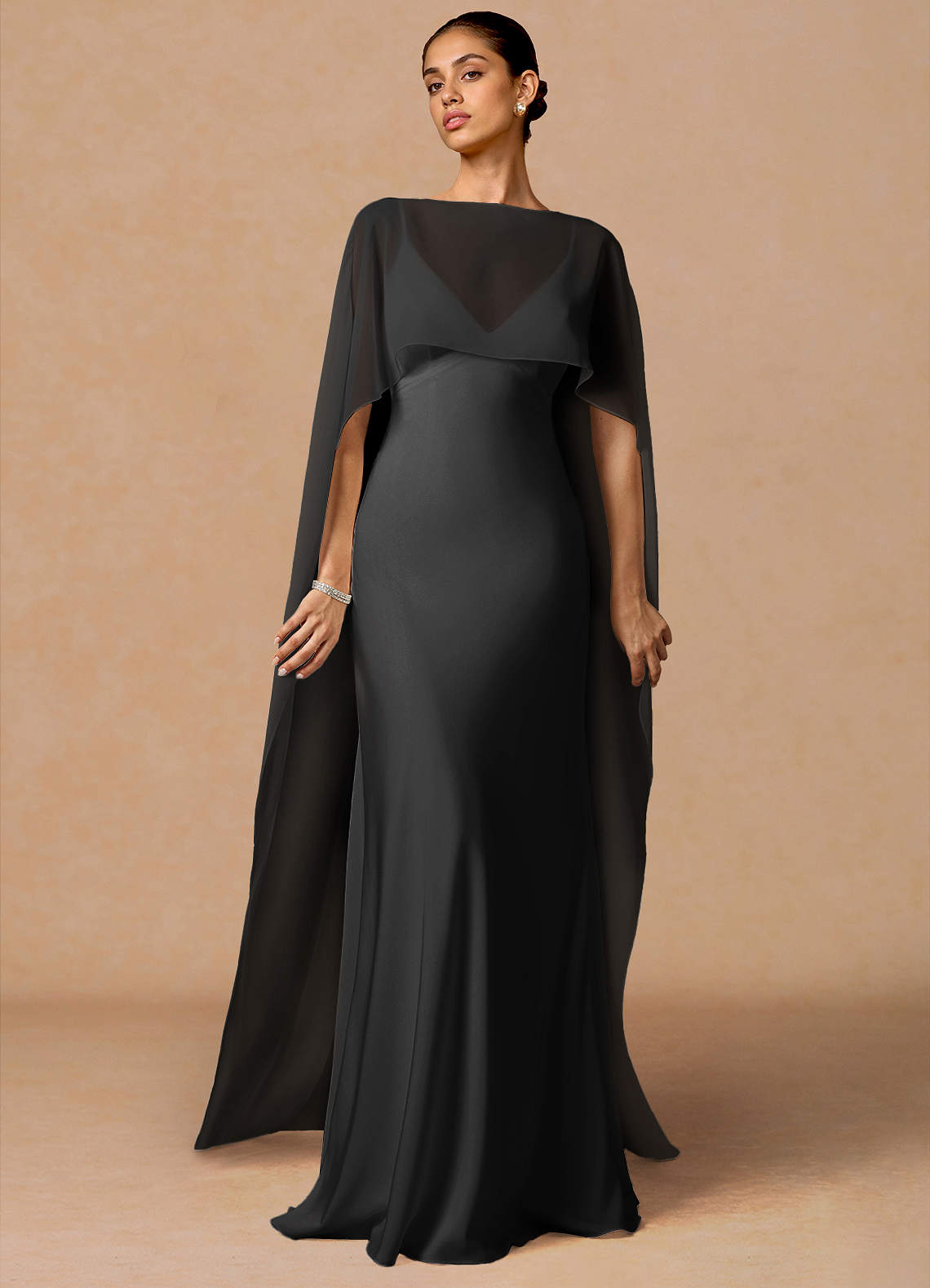 Primrose Mermaid V-Neck Stretch Satin and Chiffon Evening Dress in black