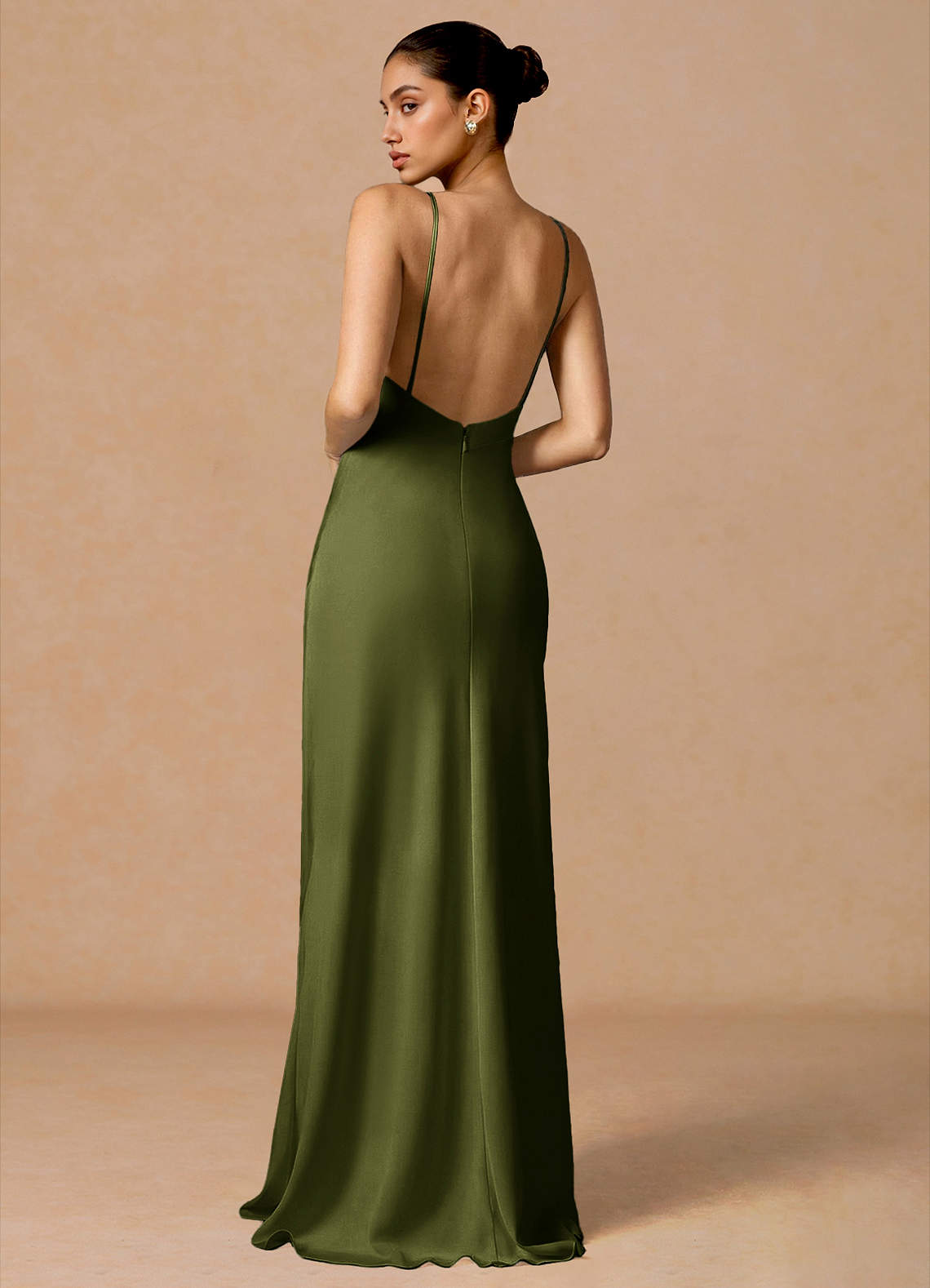 Primrose Mermaid V-Neck Stretch Satin and Chiffon Evening Dress in Olive