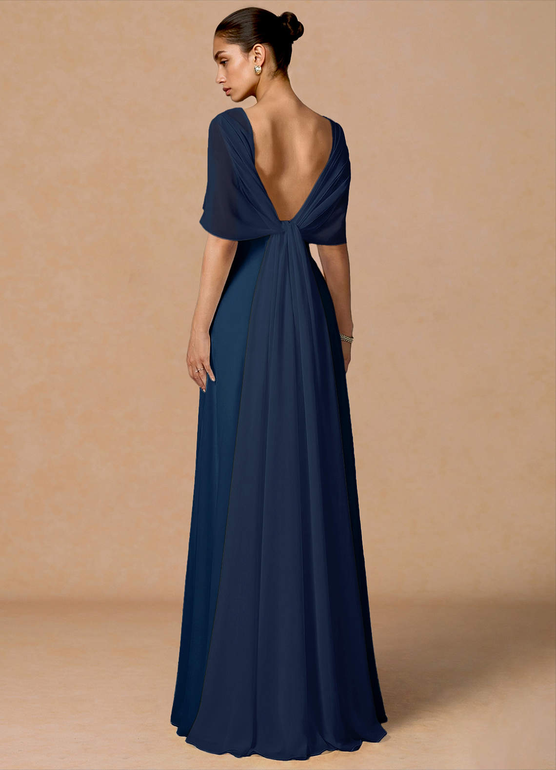 Primrose Mermaid V-Neck Stretch Satin and Chiffon Evening Dress in Navy