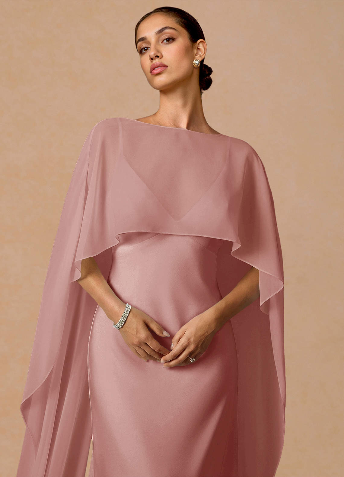 Primrose Mermaid V-Neck Stretch Satin and Chiffon Evening Dress in Dusty Pink