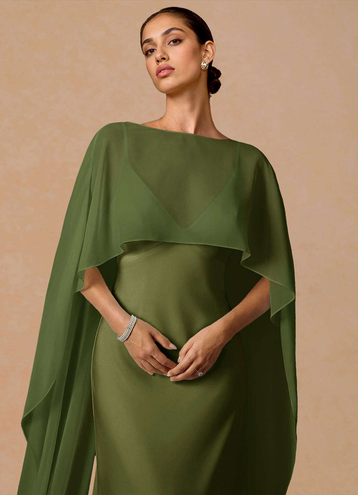 Primrose Mermaid V-Neck Stretch Satin and Chiffon Evening Dress in Olive