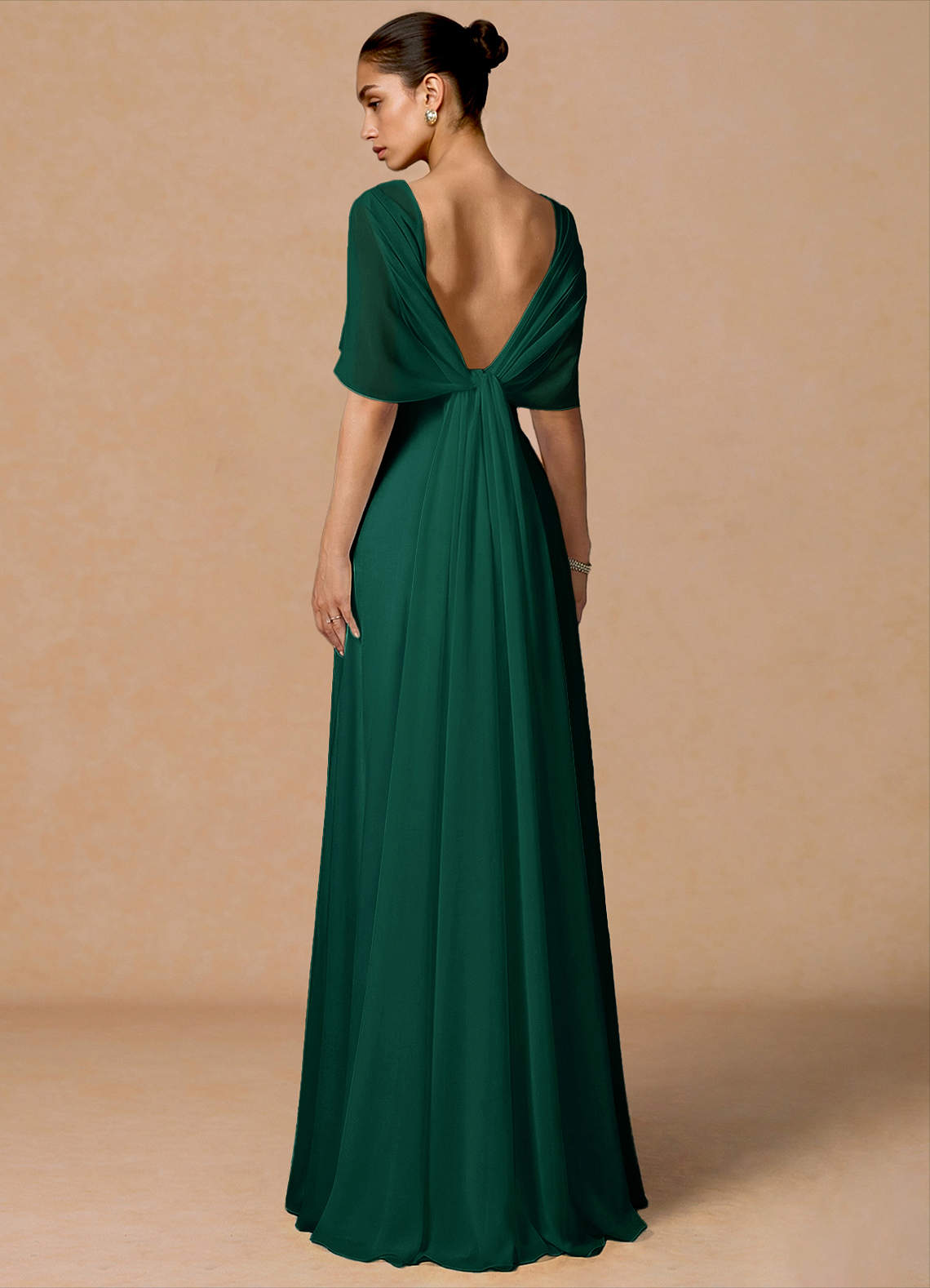 Primrose Mermaid V-Neck Stretch Satin and Chiffon Evening Dress in Hunter Green
