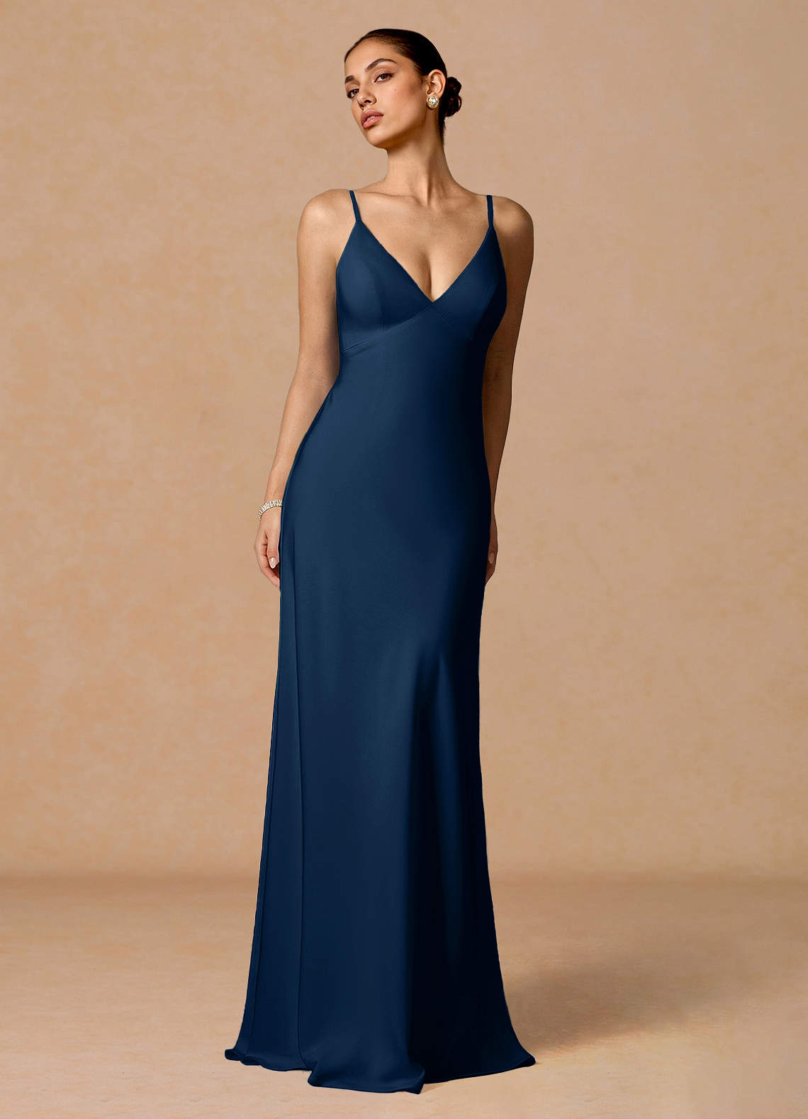 Primrose Mermaid V-Neck Stretch Satin and Chiffon Evening Dress in Navy