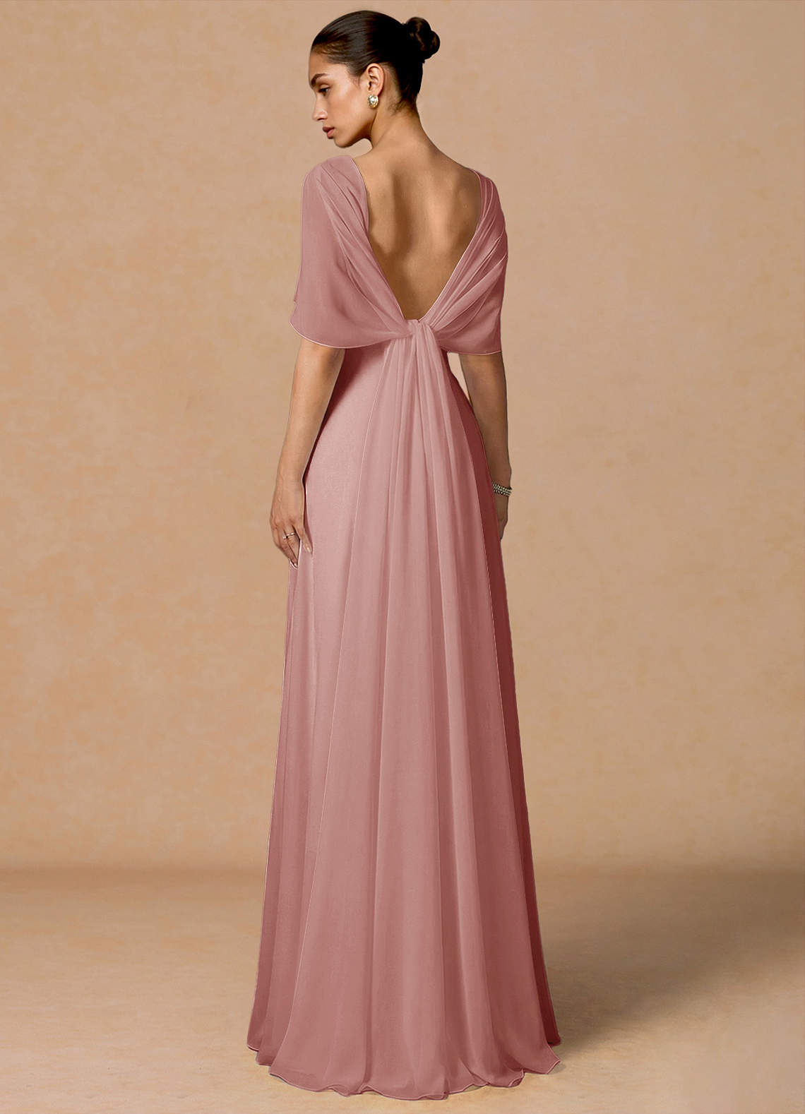 Primrose Mermaid V-Neck Stretch Satin and Chiffon Evening Dress in Dusty Pink