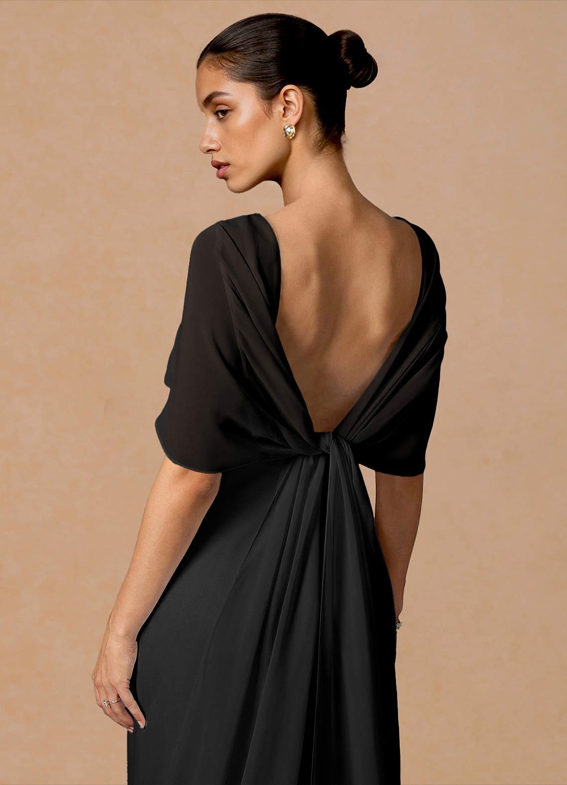 Primrose Mermaid V-Neck Stretch Satin and Chiffon Evening Dress in black