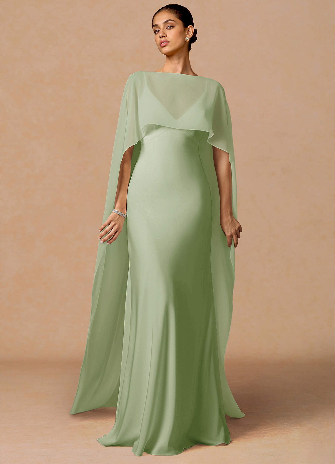 Primrose Mermaid V-Neck Stretch Satin and Chiffon Evening Dress in Hunter Green