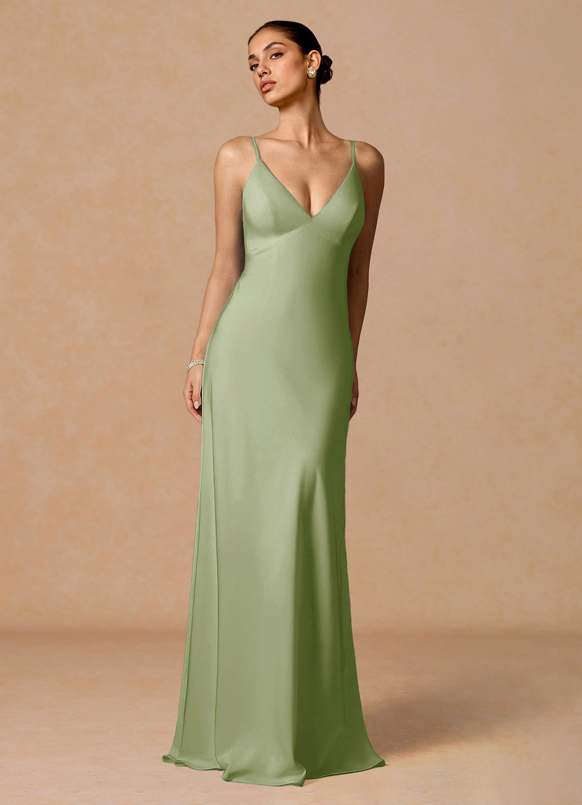 Primrose Mermaid V-Neck Stretch Satin and Chiffon Evening Dress in Light Green