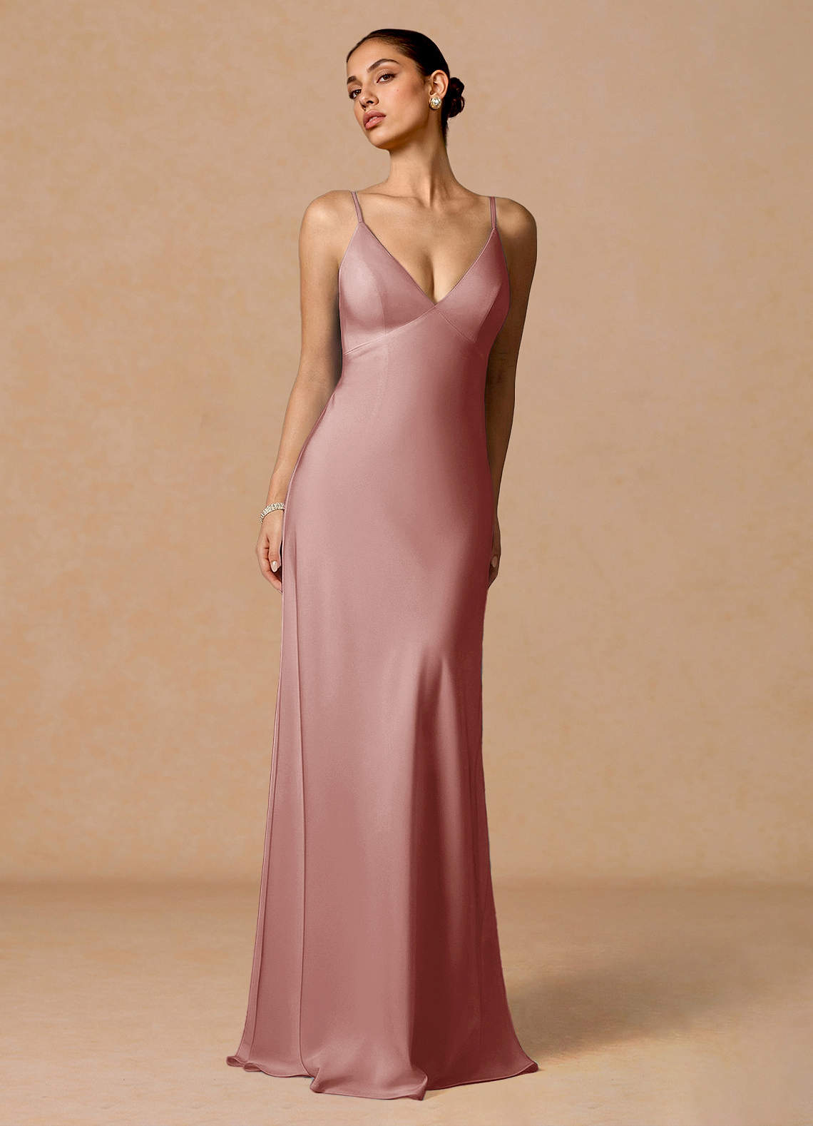 Primrose Mermaid V-Neck Stretch Satin and Chiffon Evening Dress in Dusty Pink