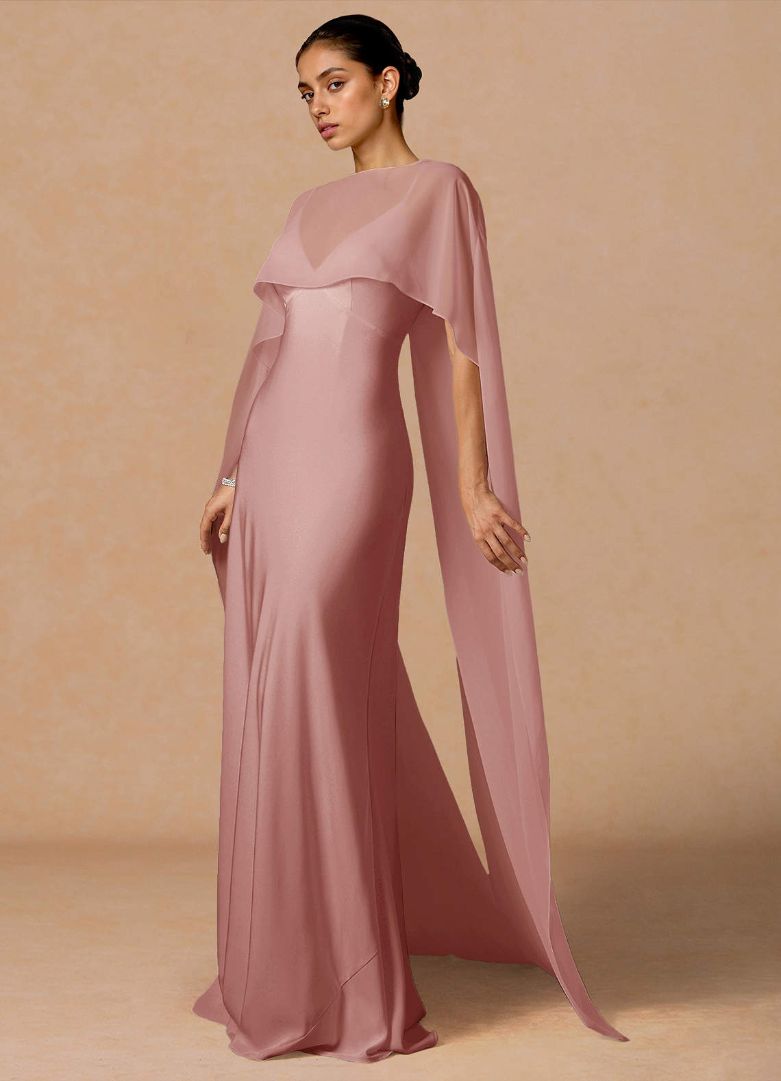 Primrose Mermaid V-Neck Stretch Satin and Chiffon Evening Dress in Dusty Pink