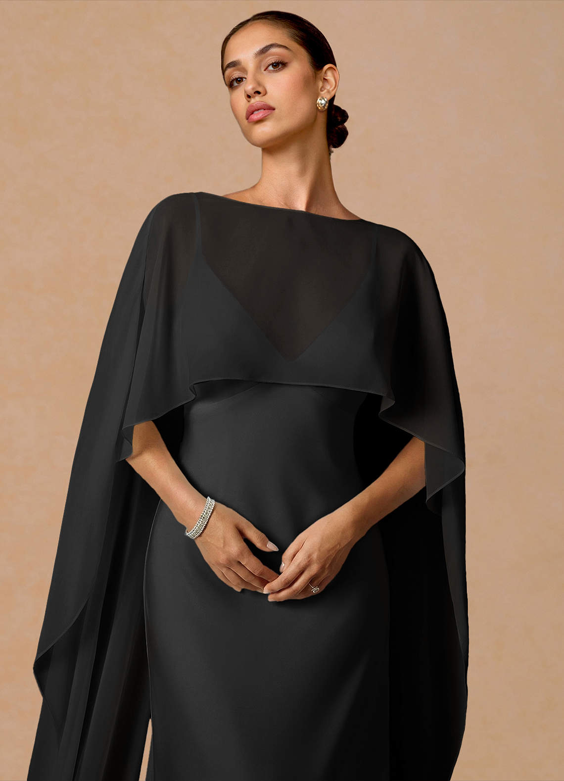 Primrose Mermaid V-Neck Stretch Satin and Chiffon Evening Dress in black