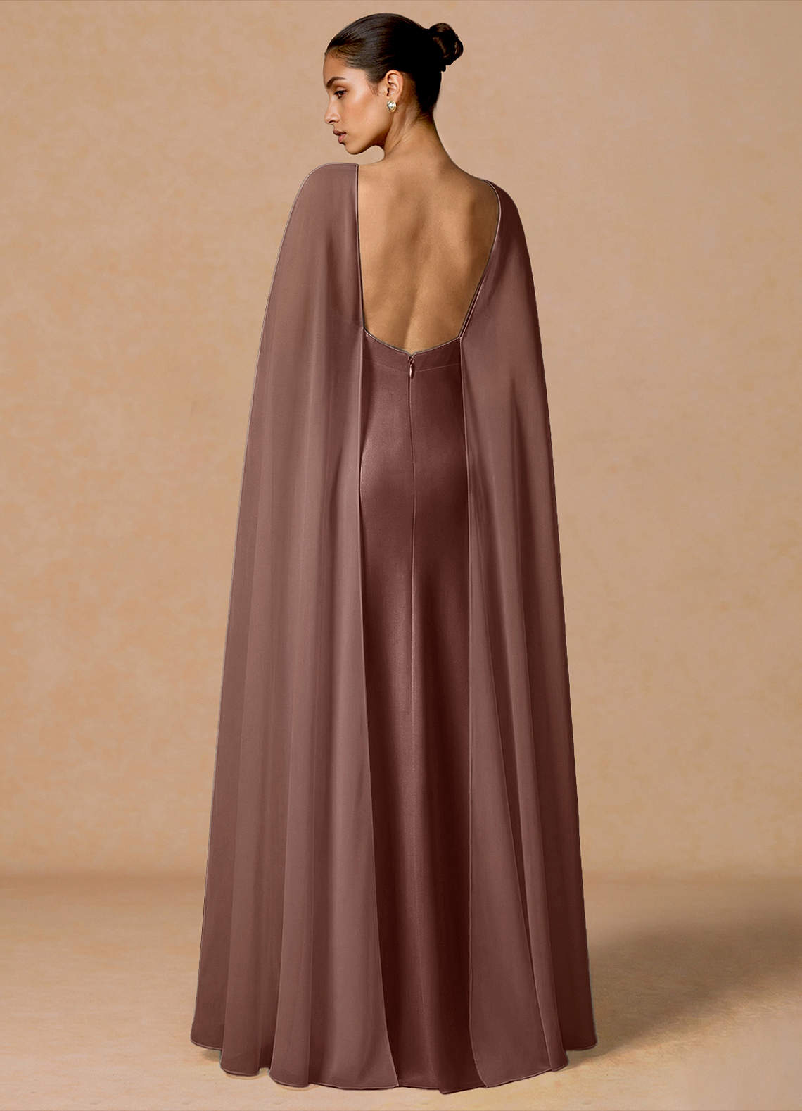 Primrose Mermaid V-Neck Stretch Satin and Chiffon Evening Dress in Mocha Coco