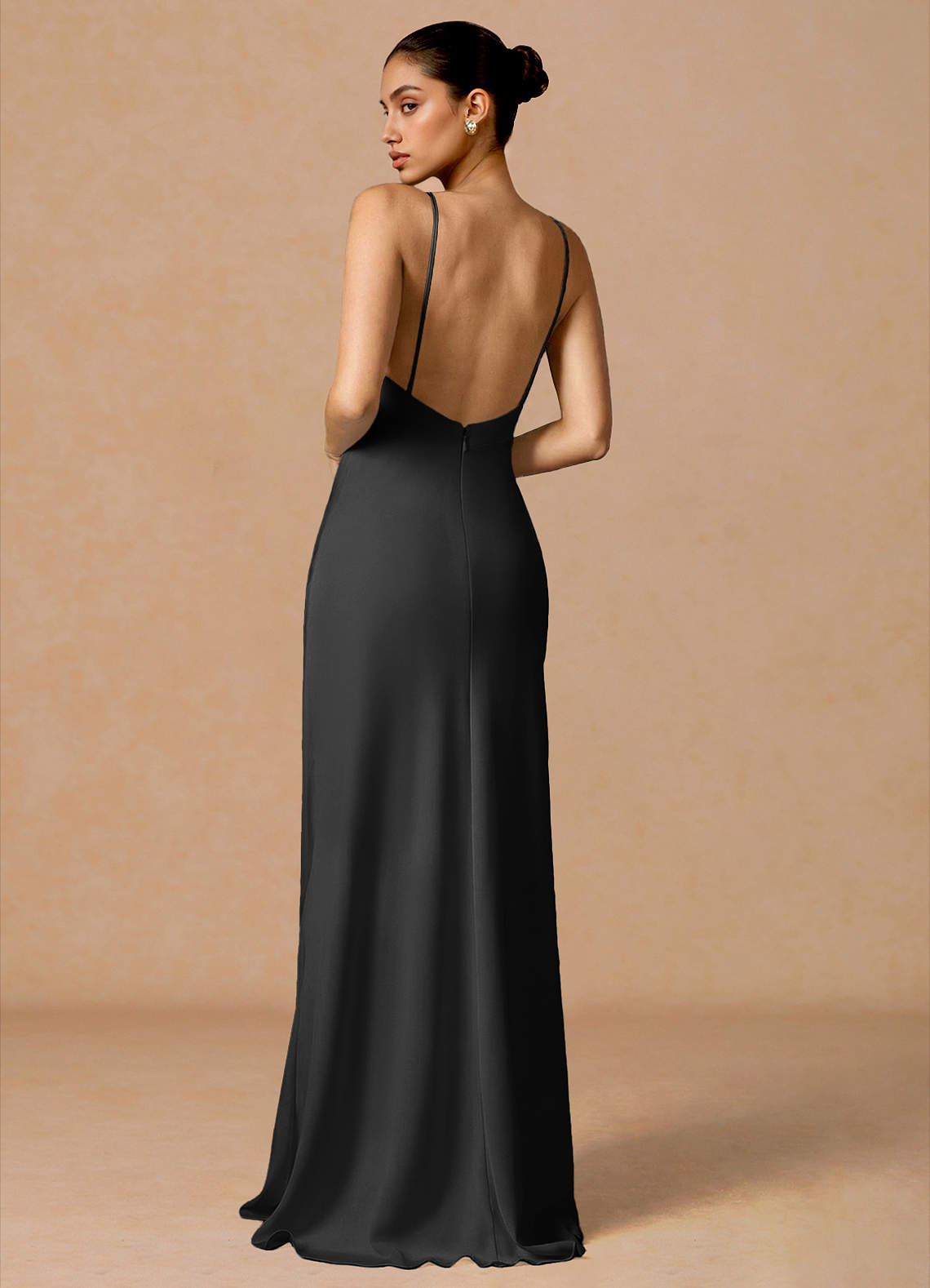 Primrose Mermaid V-Neck Stretch Satin and Chiffon Evening Dress in black