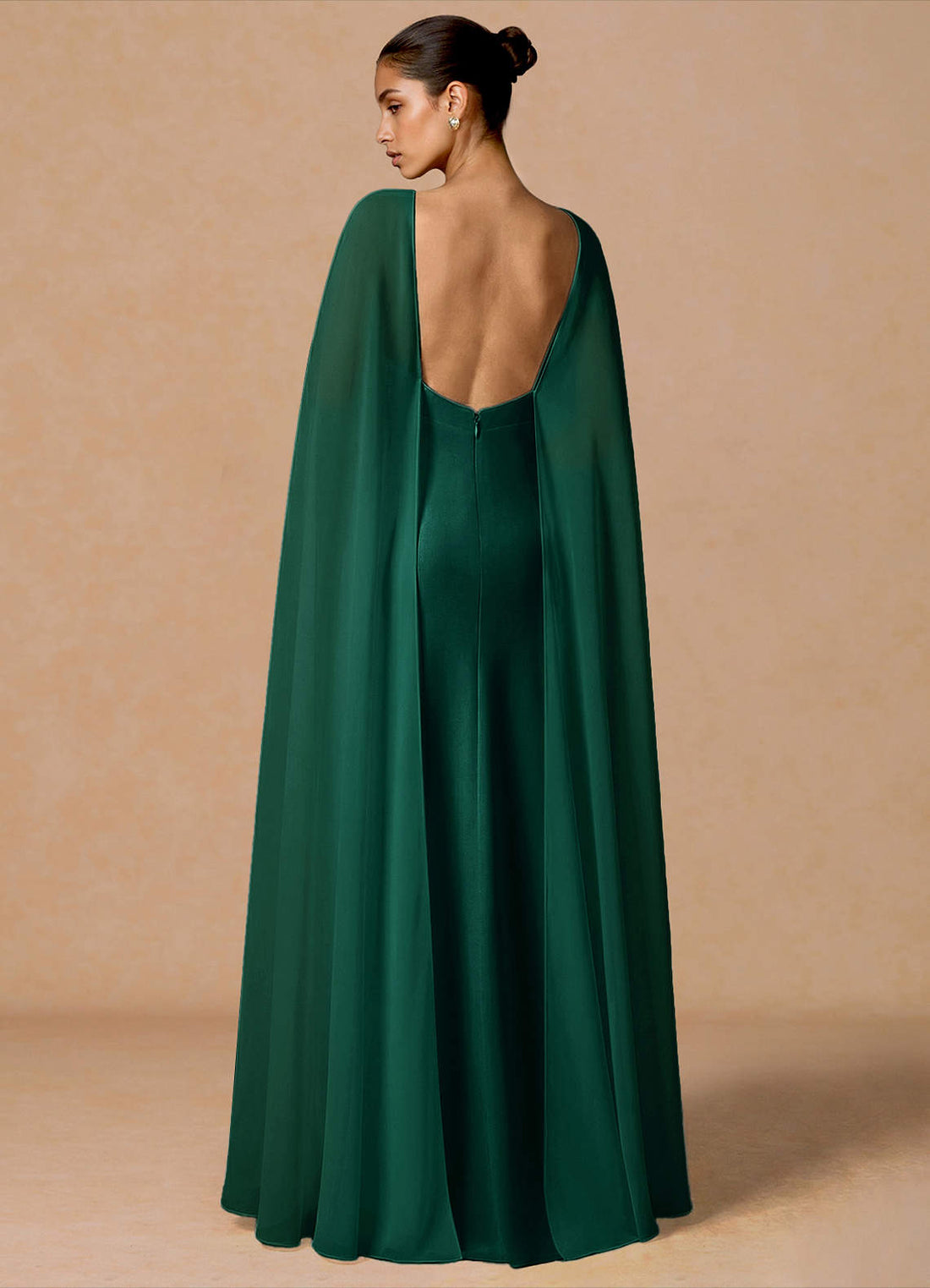 Primrose Mermaid V-Neck Stretch Satin and Chiffon Evening Dress in Hunter Green