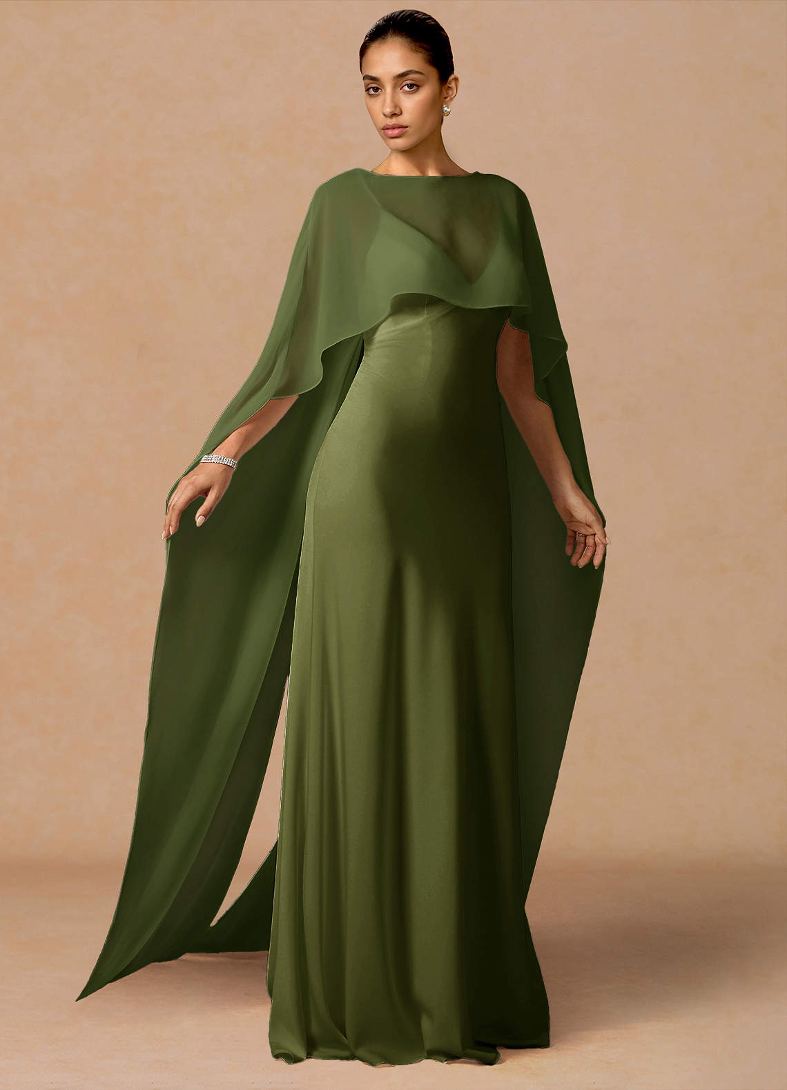 Primrose Mermaid V-Neck Stretch Satin and Chiffon Evening Dress in Olive