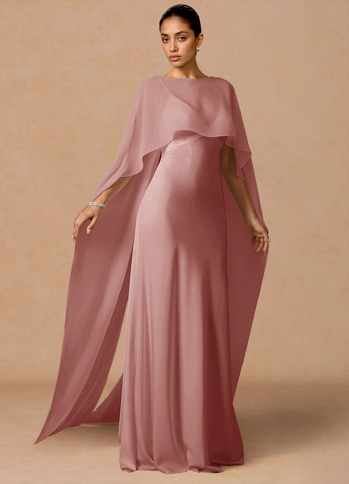 Primrose Mermaid V-Neck Stretch Satin and Chiffon Evening Dress in Dusty Pink