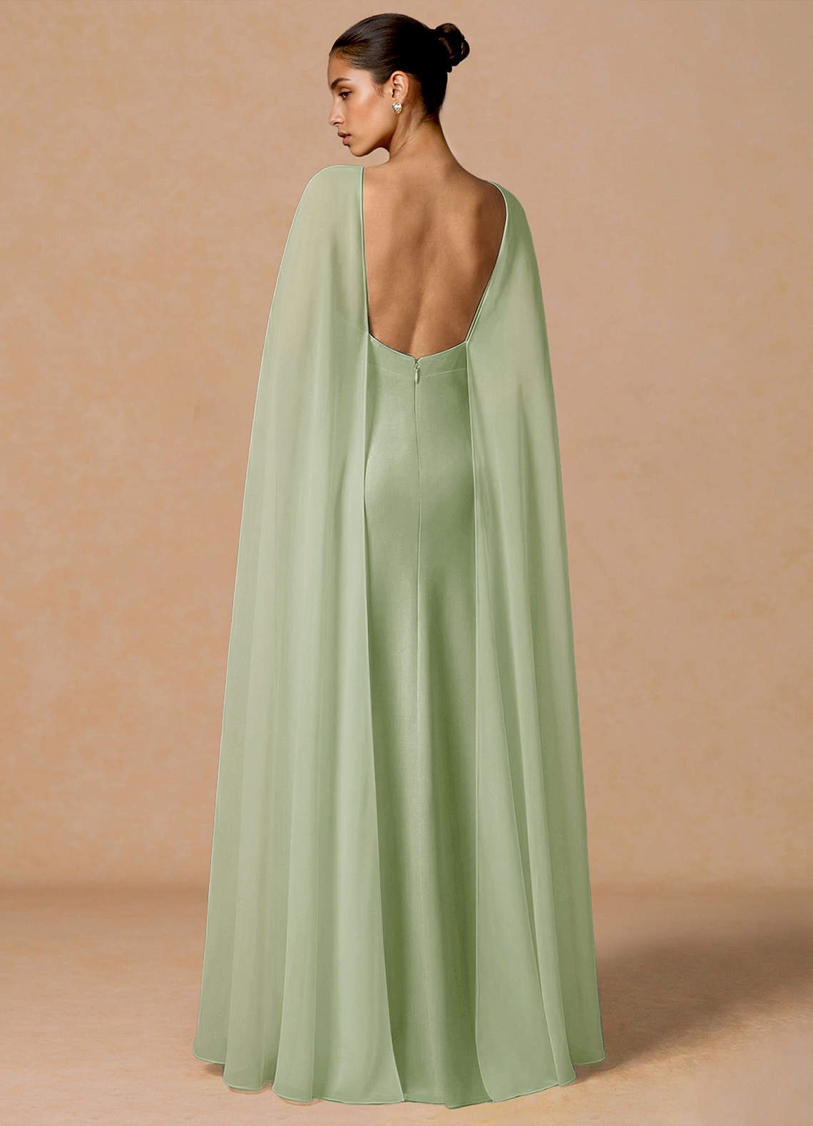 Primrose Mermaid V-Neck Stretch Satin and Chiffon Evening Dress in Light Green
