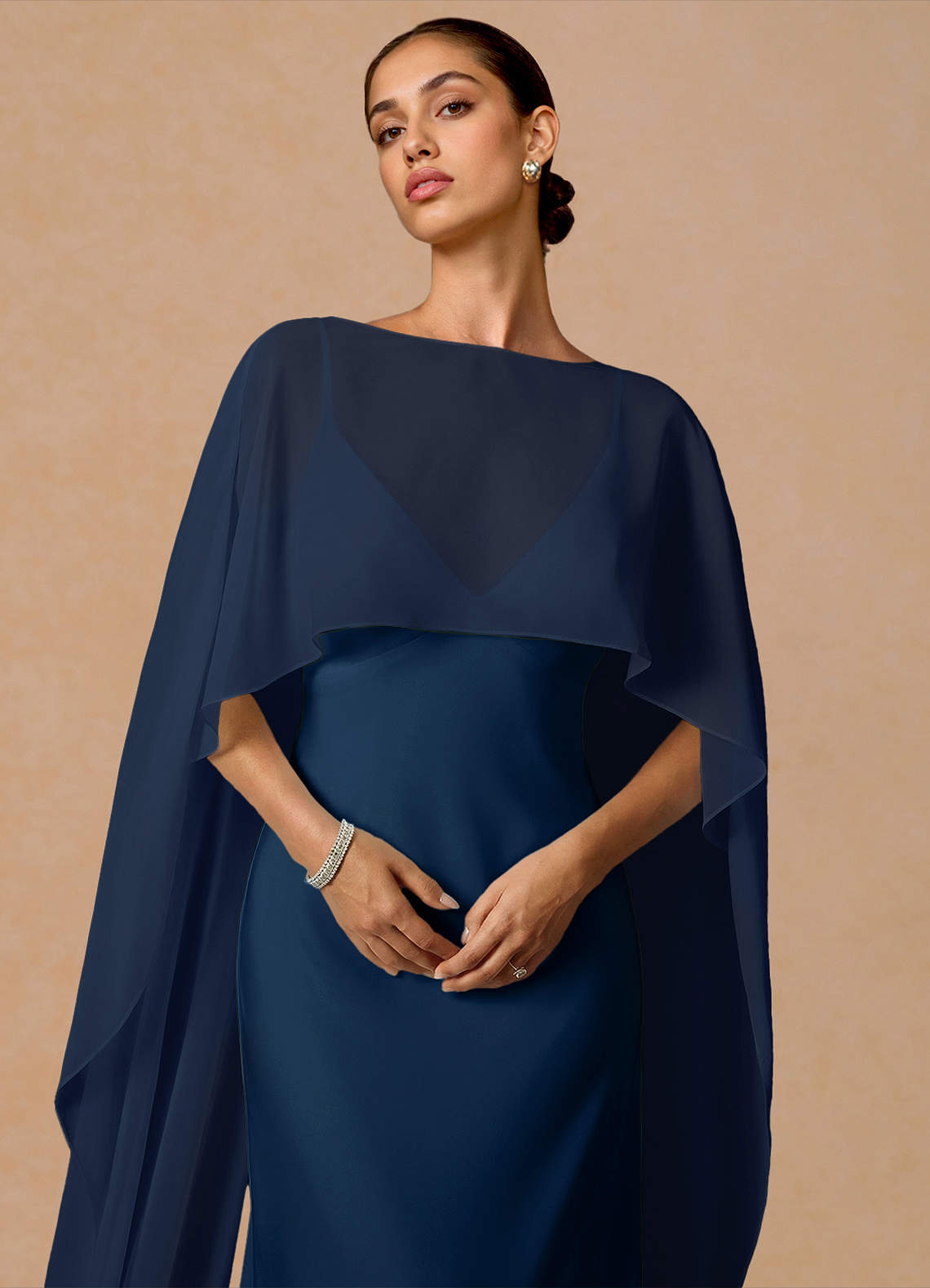 Primrose Mermaid V-Neck Stretch Satin and Chiffon Evening Dress in Navy
