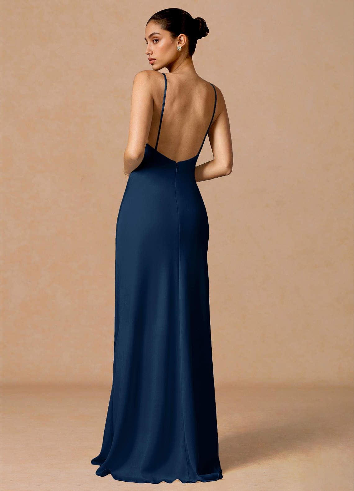 Primrose Mermaid V-Neck Stretch Satin and Chiffon Evening Dress in Navy