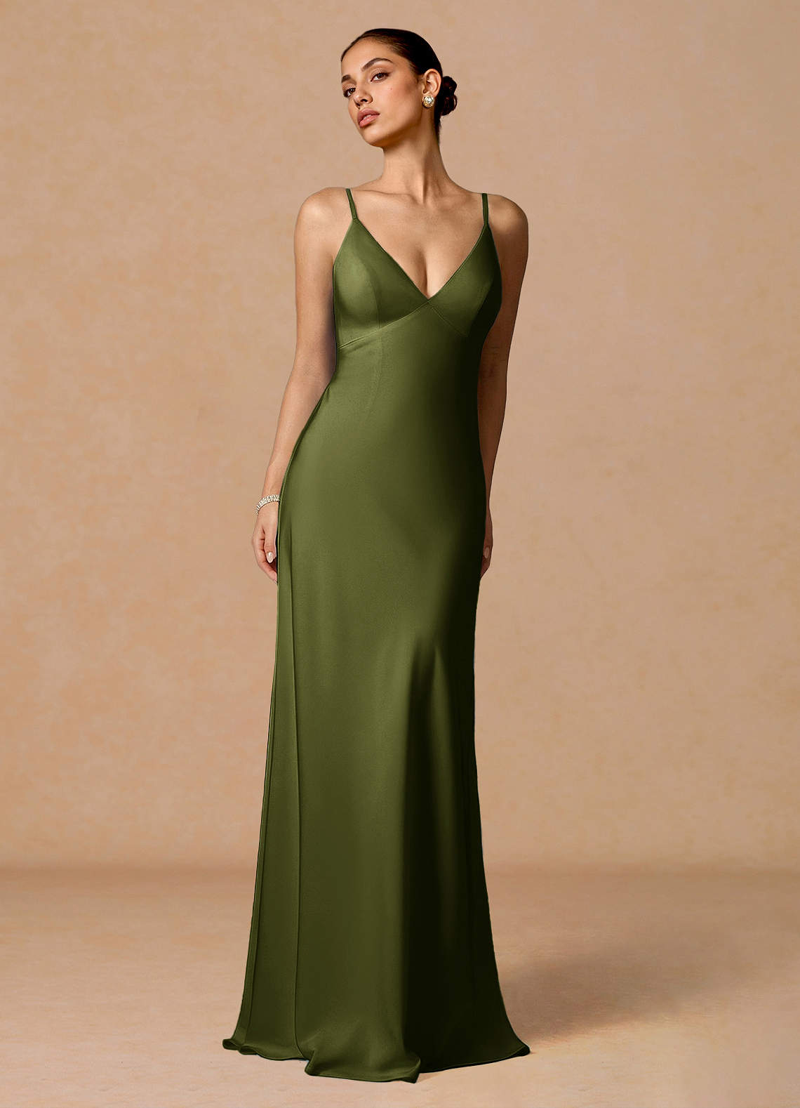 Primrose Mermaid V-Neck Stretch Satin and Chiffon Evening Dress in Olive