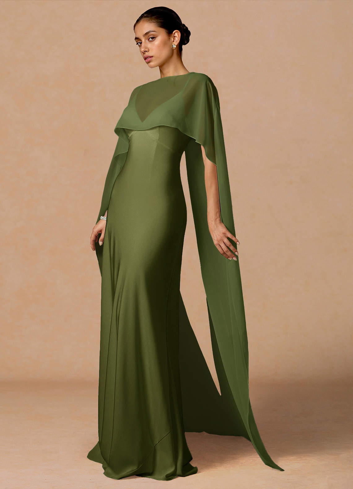 Primrose Mermaid V-Neck Stretch Satin and Chiffon Evening Dress in Hunter Green