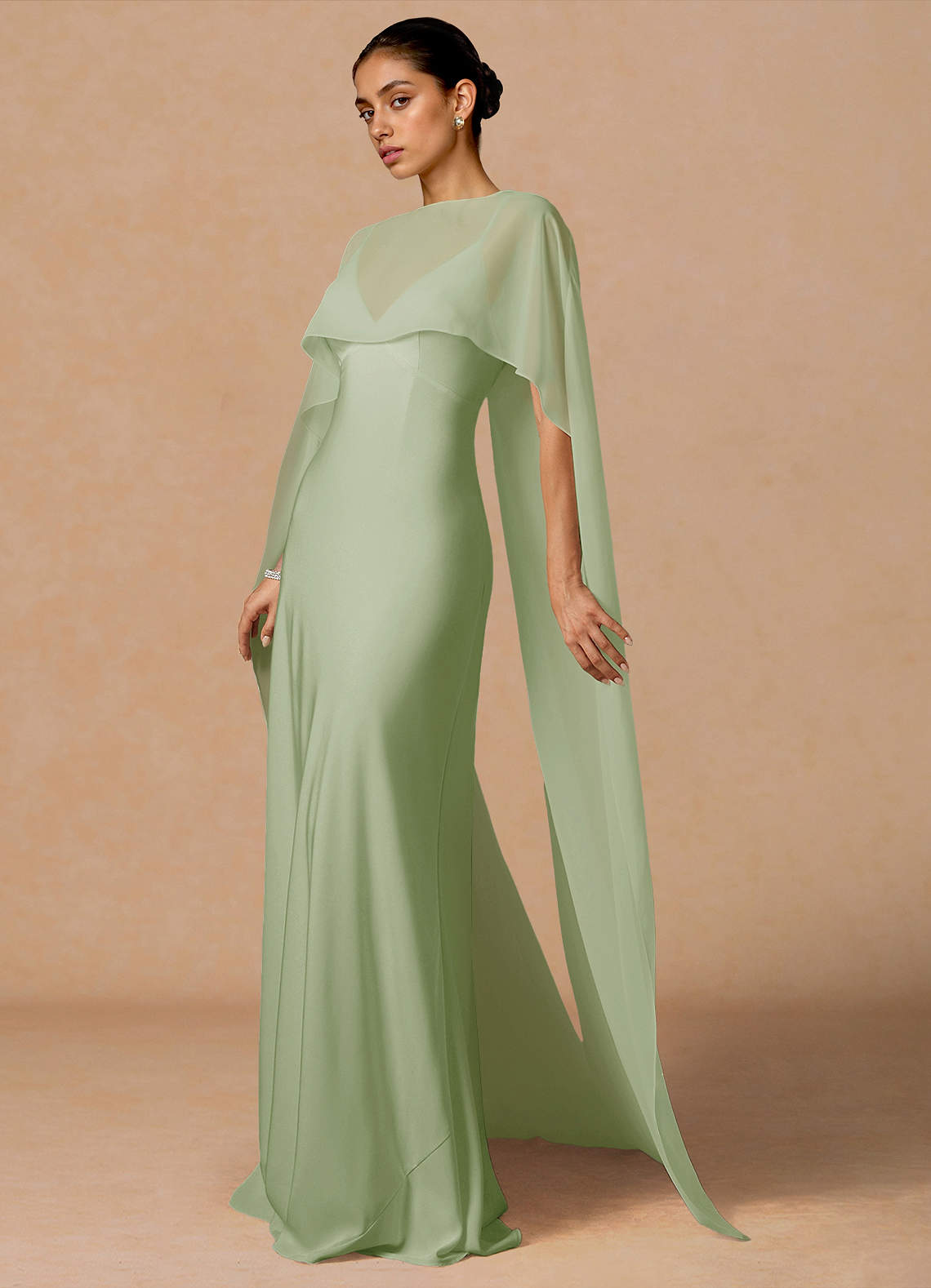 Primrose Mermaid V-Neck Stretch Satin and Chiffon Evening Dress in Light Green