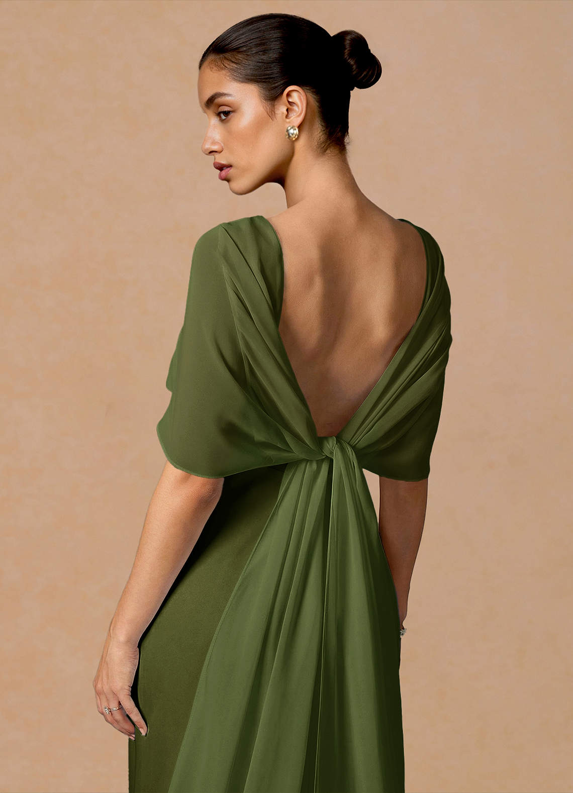 Primrose Mermaid V-Neck Stretch Satin and Chiffon Evening Dress in Olive