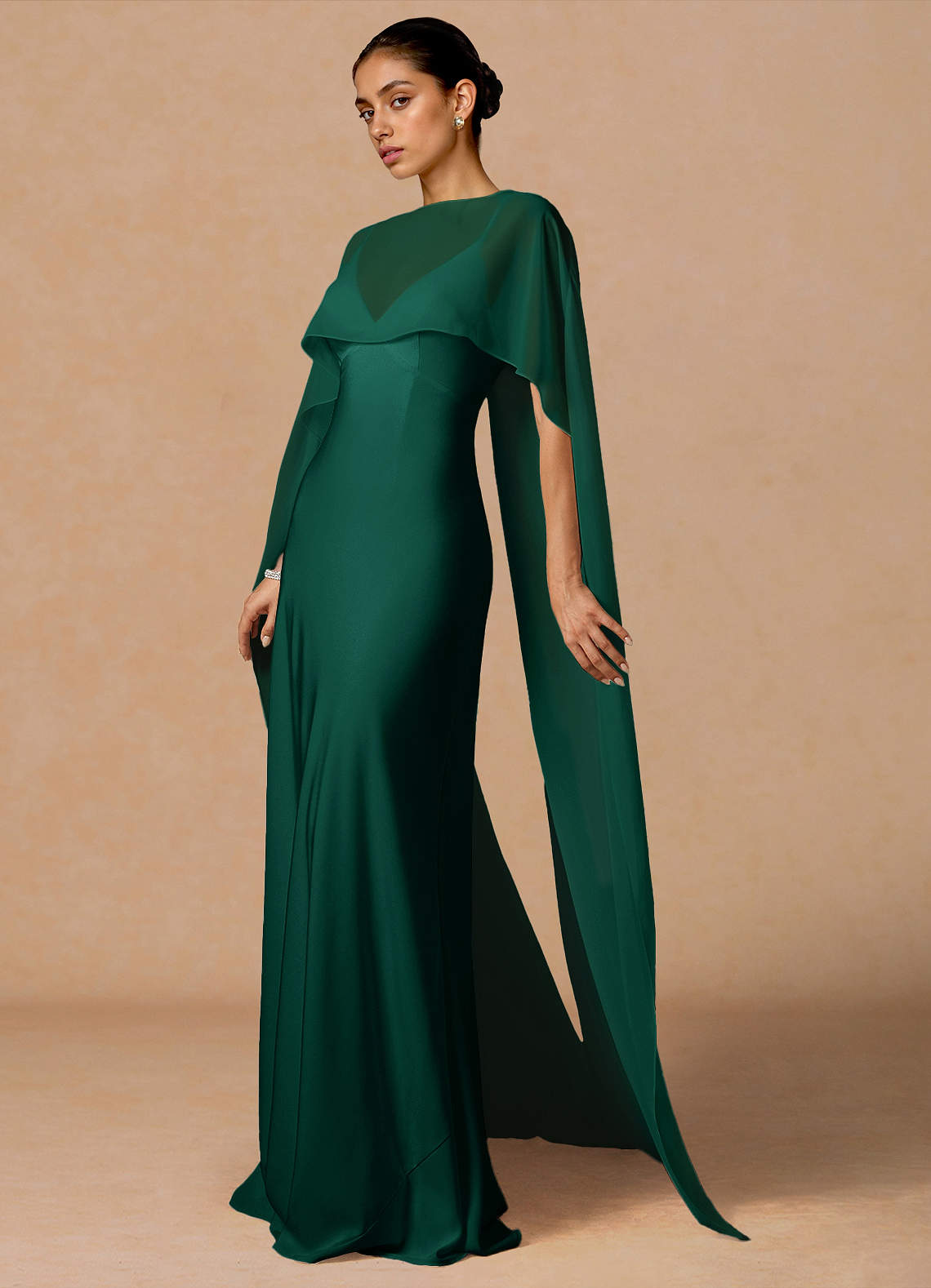 Primrose Mermaid V-Neck Stretch Satin and Chiffon Evening Dress in Hunter Green