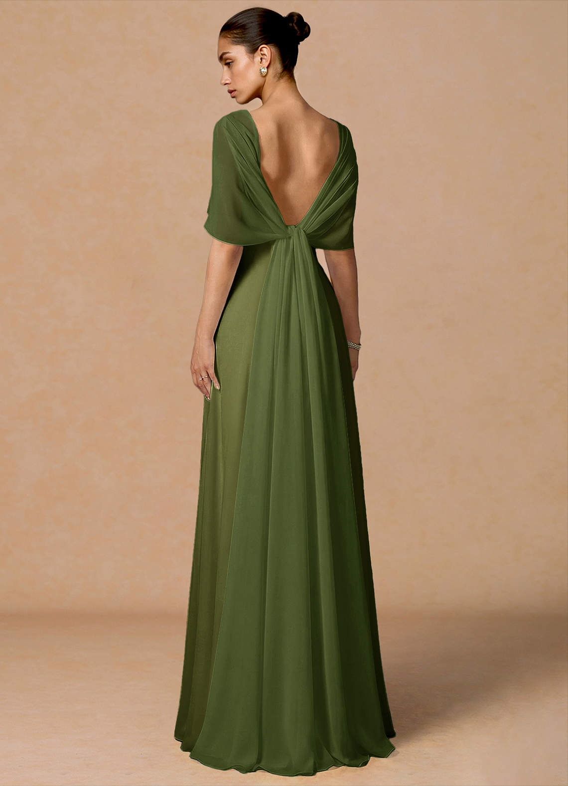 Primrose Mermaid V-Neck Stretch Satin and Chiffon Evening Dress in Olive
