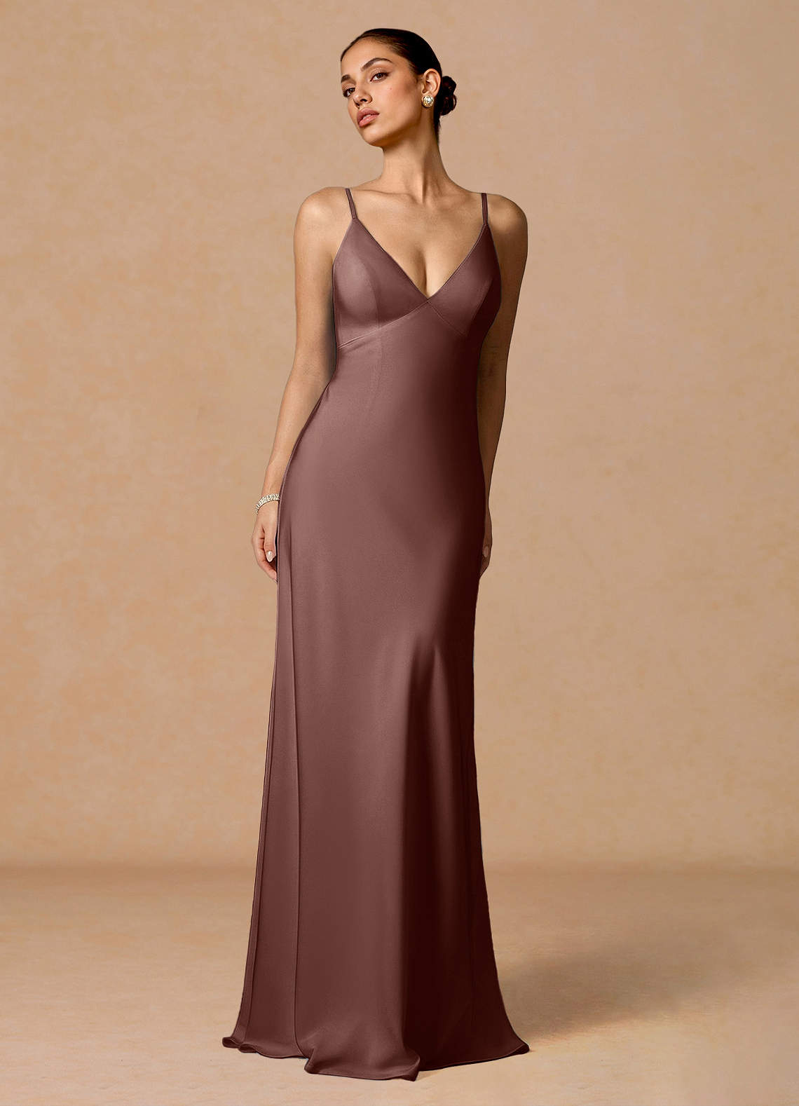 Primrose Mermaid V-Neck Stretch Satin and Chiffon Evening Dress in Mocha Coco