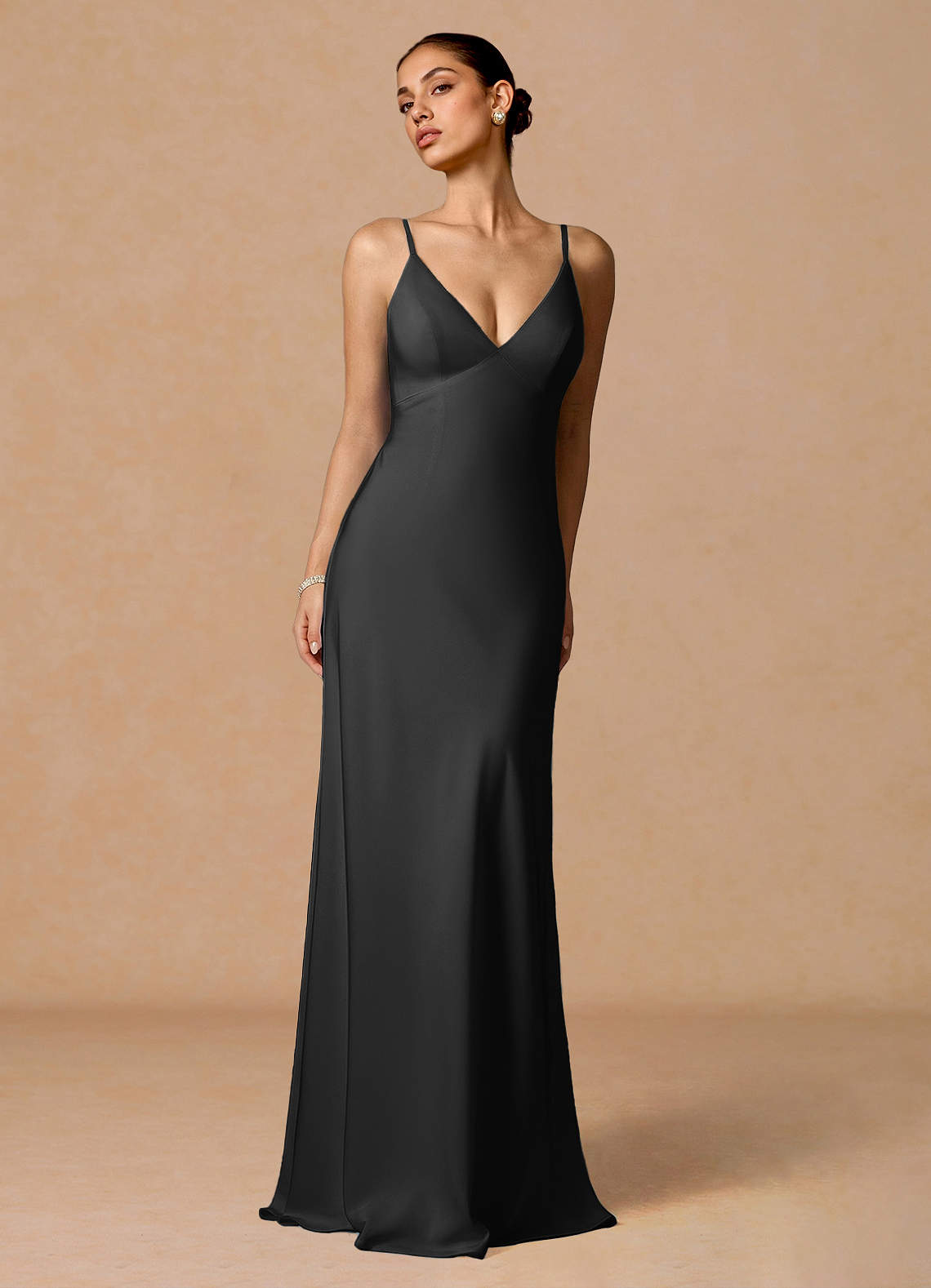 Primrose Mermaid V-Neck Stretch Satin and Chiffon Evening Dress in black