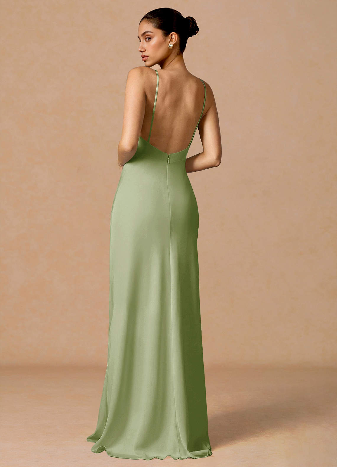 Primrose Mermaid V-Neck Stretch Satin and Chiffon Evening Dress in Light Green