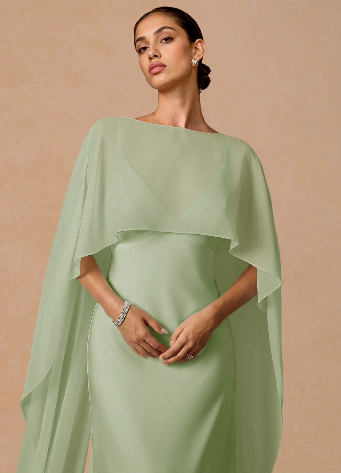 Primrose Mermaid V-Neck Stretch Satin and Chiffon Evening Dress in Light Green