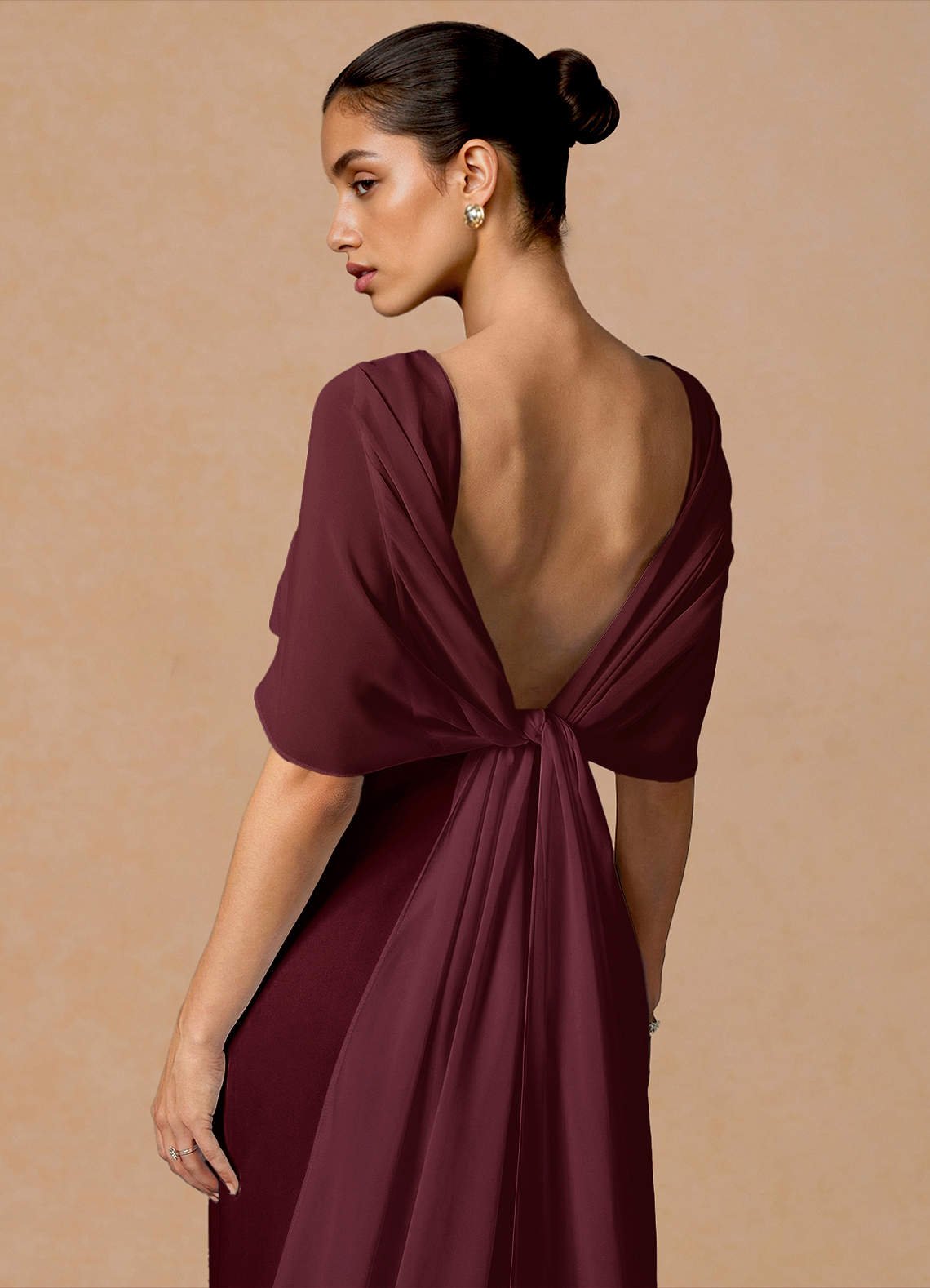 Primrose Mermaid V-Neck Stretch Satin and Chiffon Evening Dress in Wine