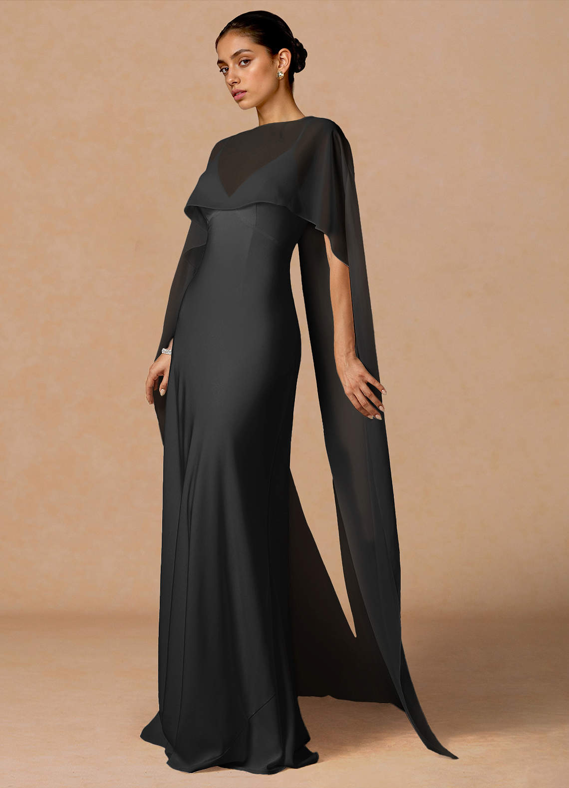 Primrose Mermaid V-Neck Stretch Satin and Chiffon Evening Dress in black