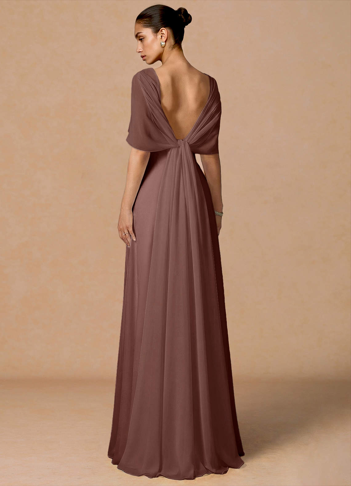 Primrose Mermaid V-Neck Stretch Satin and Chiffon Evening Dress in Mocha Coco
