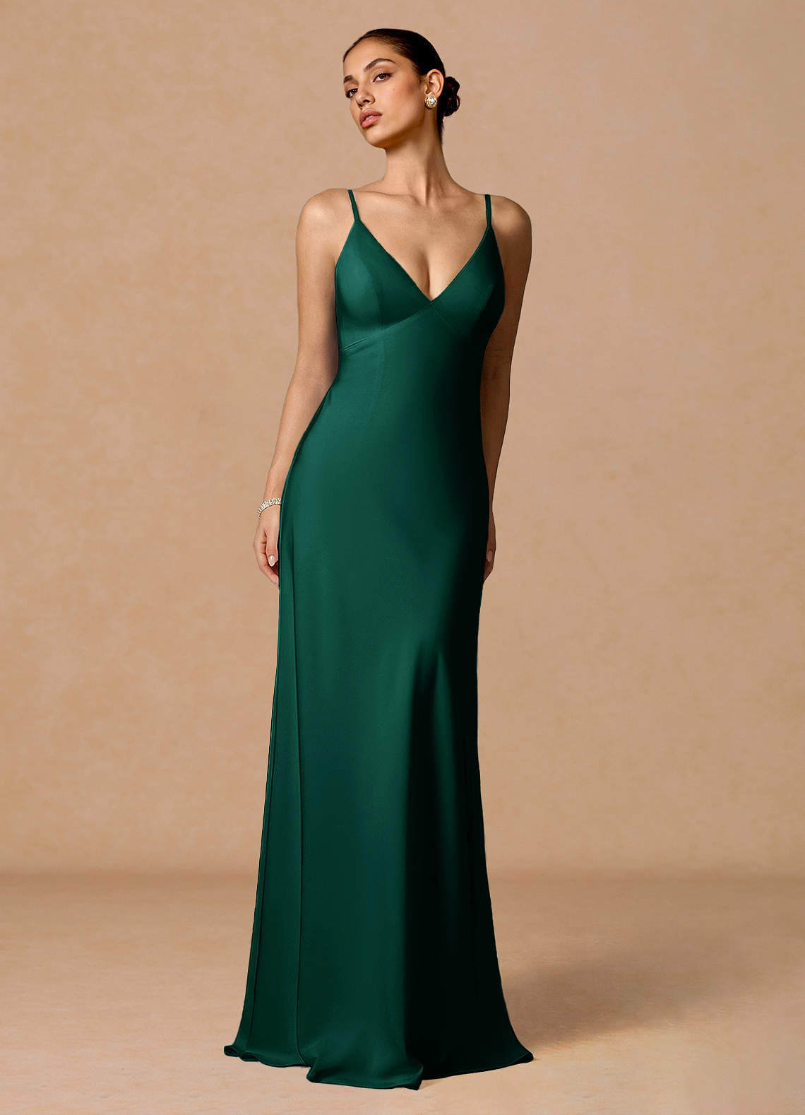 Primrose Mermaid V-Neck Stretch Satin and Chiffon Evening Dress in Hunter Green