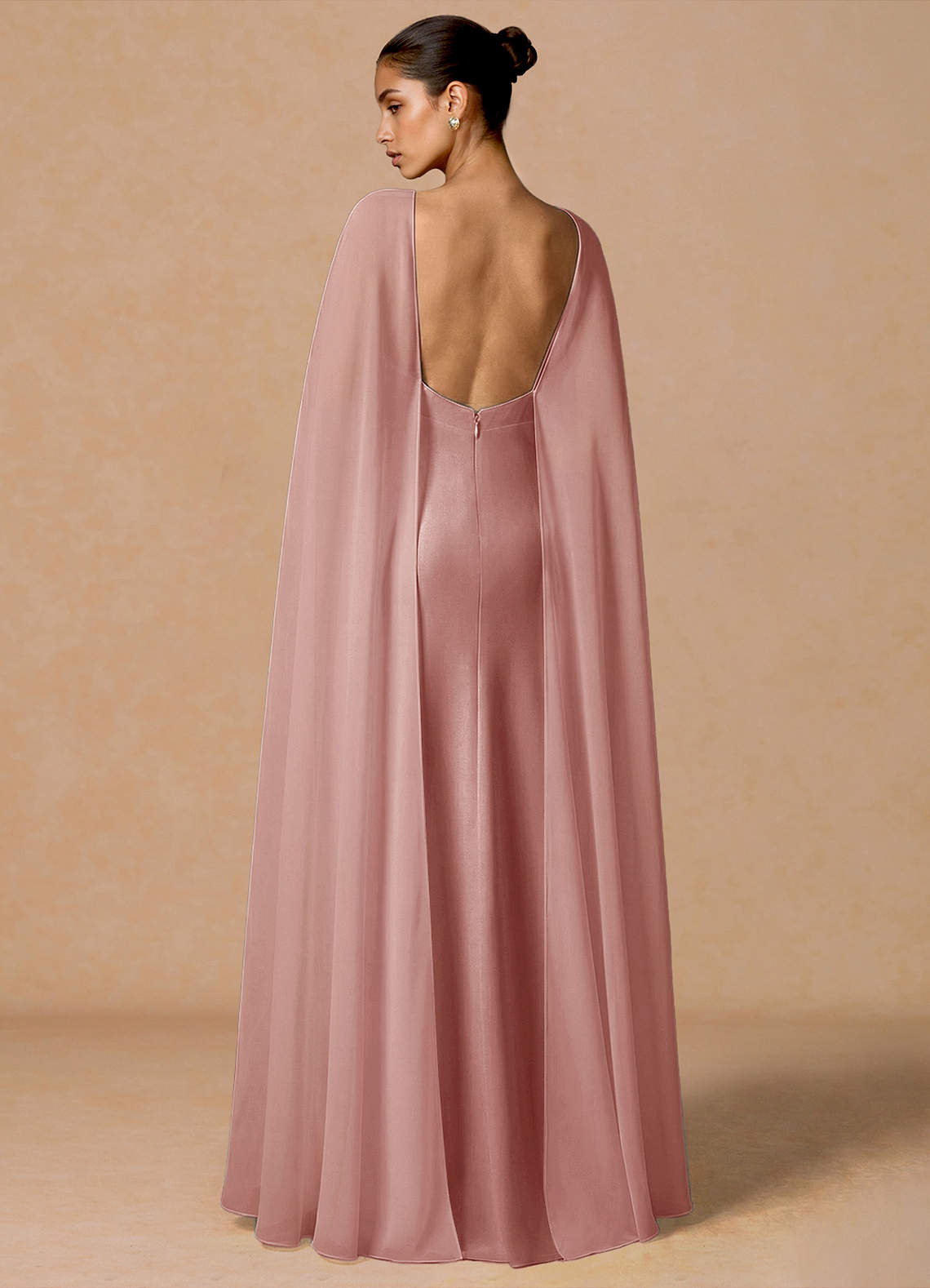 Primrose Mermaid V-Neck Stretch Satin and Chiffon Evening Dress in Dusty Pink